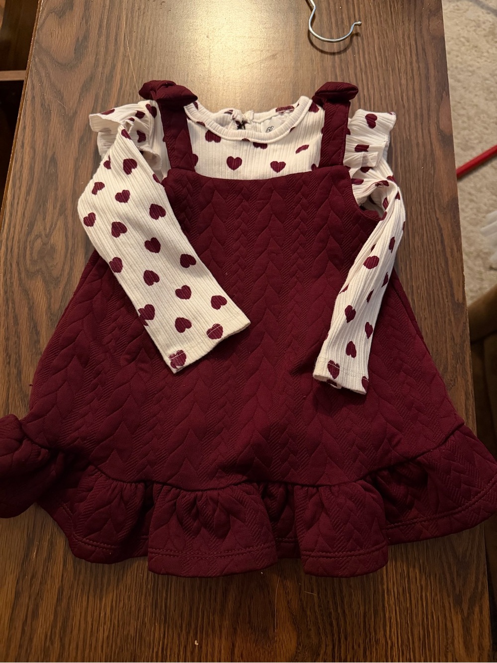 Rare Editions Burgundy Jumper Dress with White Heart-Print Top